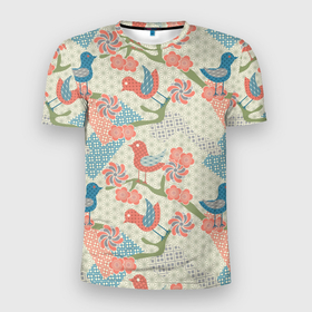 Мужская футболка 3D Slim с принтом Традиционный японский орнамент в Санкт-Петербурге, 100% полиэстер с улучшенными характеристиками | приталенный силуэт, круглая горловина, широкие плечи, сужается к линии бедра | Тематика изображения на принте: восток | морские волны | орнамент | паттерн | птицы | сайгайха | япония