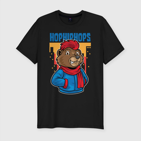 Мужская футболка хлопок Slim с принтом Медведь с красным шарфом в Екатеринбурге, 92% хлопок, 8% лайкра | приталенный силуэт, круглый вырез ворота, длина до линии бедра, короткий рукав | Тематика изображения на принте: hip hоp | квадрат | куртка | медведь | уличный стиль | шарф