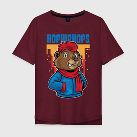 Мужская футболка хлопок Oversize с принтом Медведь с красным шарфом в Екатеринбурге, 100% хлопок | свободный крой, круглый ворот, “спинка” длиннее передней части | Тематика изображения на принте: hip hоp | квадрат | куртка | медведь | уличный стиль | шарф