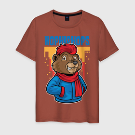 Мужская футболка хлопок с принтом Медведь с красным шарфом в Санкт-Петербурге, 100% хлопок | прямой крой, круглый вырез горловины, длина до линии бедер, слегка спущенное плечо. | hip hоp | квадрат | куртка | медведь | уличный стиль | шарф