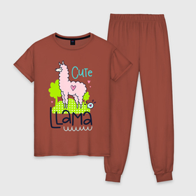 Женская пижама хлопок с принтом Надпись Милый лама в Тюмени, 100% хлопок | брюки и футболка прямого кроя, без карманов, на брюках мягкая резинка на поясе и по низу штанин | арт лайн | дерево | лама | сердце | шерсть
