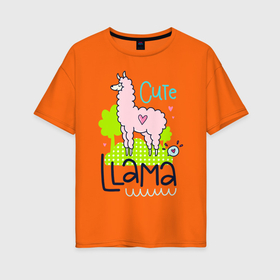 Женская футболка хлопок Oversize с принтом Надпись Милый лама , 100% хлопок | свободный крой, круглый ворот, спущенный рукав, длина до линии бедер
 | арт лайн | дерево | лама | сердце | шерсть