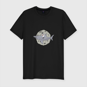 Мужская футболка хлопок Slim с принтом Космическая акула в Петрозаводске, 92% хлопок, 8% лайкра | приталенный силуэт, круглый вырез ворота, длина до линии бедра, короткий рукав | Тематика изображения на принте: акула | верхом | космонавт | космос | луна | наездник | плавник | рыба | ссср
