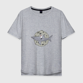 Мужская футболка хлопок Oversize с принтом Космическая акула в Тюмени, 100% хлопок | свободный крой, круглый ворот, “спинка” длиннее передней части | Тематика изображения на принте: акула | верхом | космонавт | космос | луна | наездник | плавник | рыба | ссср