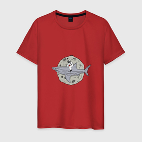 Мужская футболка хлопок с принтом Космическая акула в Петрозаводске, 100% хлопок | прямой крой, круглый вырез горловины, длина до линии бедер, слегка спущенное плечо. | акула | верхом | космонавт | космос | луна | наездник | плавник | рыба | ссср