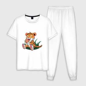 Мужская пижама хлопок с принтом Тигр ест в Курске, 100% хлопок | брюки и футболка прямого кроя, без карманов, на брюках мягкая резинка на поясе и по низу штанин
 | Тематика изображения на принте: 2022 | ест | котенок | кушает | маленький | малыш | мороженое | наслаждается | новый год | тигр | тигренок | хищник