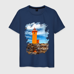 Мужская футболка хлопок с принтом Исландия. Маяк. Рейкьянес. в Санкт-Петербурге, 100% хлопок | прямой крой, круглый вырез горловины, длина до линии бедер, слегка спущенное плечо. | Тематика изображения на принте: город | горы | желтый | исландия | каникулы | маяк | море | небо | океан | оранжевый | отпуск | пейзаж | побережье | полуостров | природа | путешествие | рейкьянес | страна | туризм | фотография