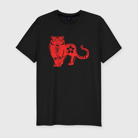 Мужская футболка хлопок Slim с принтом Red Tiger в Екатеринбурге, 92% хлопок, 8% лайкра | приталенный силуэт, круглый вырез ворота, длина до линии бедра, короткий рукав | 2022 | animal | cat | lion | tiger | год тигра | животные | зверь | зубы | кот | кошка | лев | охотник | полосатый | природа | тигр | тигренок | тигрица | хищник