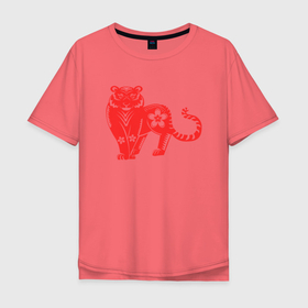 Мужская футболка хлопок Oversize с принтом Red Tiger в Екатеринбурге, 100% хлопок | свободный крой, круглый ворот, “спинка” длиннее передней части | 2022 | animal | cat | lion | tiger | год тигра | животные | зверь | зубы | кот | кошка | лев | охотник | полосатый | природа | тигр | тигренок | тигрица | хищник