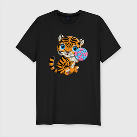 Мужская футболка хлопок Slim с принтом Сладкий Тигренок в Санкт-Петербурге, 92% хлопок, 8% лайкра | приталенный силуэт, круглый вырез ворота, длина до линии бедра, короткий рукав | 2022 | animal | cat | lion | tiger | год тигра | животные | зверь | зубы | кот | кошка | лев | охотник | полосатый | природа | тигр | тигренок | тигрица | хищник