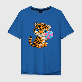 Мужская футболка хлопок Oversize с принтом Сладкий Тигренок в Екатеринбурге, 100% хлопок | свободный крой, круглый ворот, “спинка” длиннее передней части | 2022 | animal | cat | lion | tiger | год тигра | животные | зверь | зубы | кот | кошка | лев | охотник | полосатый | природа | тигр | тигренок | тигрица | хищник