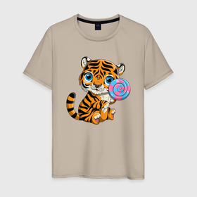 Мужская футболка хлопок с принтом Сладкий Тигренок в Санкт-Петербурге, 100% хлопок | прямой крой, круглый вырез горловины, длина до линии бедер, слегка спущенное плечо. | 2022 | animal | cat | lion | tiger | год тигра | животные | зверь | зубы | кот | кошка | лев | охотник | полосатый | природа | тигр | тигренок | тигрица | хищник