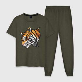 Мужская пижама хлопок с принтом Злобный Тигр в Екатеринбурге, 100% хлопок | брюки и футболка прямого кроя, без карманов, на брюках мягкая резинка на поясе и по низу штанин
 | Тематика изображения на принте: 2022 | animal | cat | lion | tiger | год тигра | животные | зверь | зубы | кот | кошка | лев | охотник | полосатый | природа | тигр | тигренок | тигрица | хищник