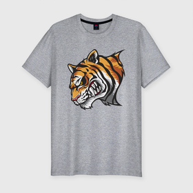 Мужская футболка хлопок Slim с принтом Злобный Тигр в Новосибирске, 92% хлопок, 8% лайкра | приталенный силуэт, круглый вырез ворота, длина до линии бедра, короткий рукав | 2022 | animal | cat | lion | tiger | год тигра | животные | зверь | зубы | кот | кошка | лев | охотник | полосатый | природа | тигр | тигренок | тигрица | хищник