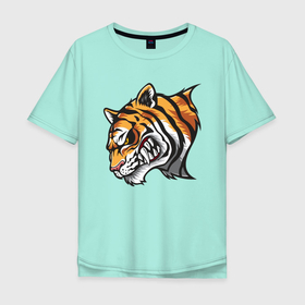 Мужская футболка хлопок Oversize с принтом Злобный Тигр в Екатеринбурге, 100% хлопок | свободный крой, круглый ворот, “спинка” длиннее передней части | Тематика изображения на принте: 2022 | animal | cat | lion | tiger | год тигра | животные | зверь | зубы | кот | кошка | лев | охотник | полосатый | природа | тигр | тигренок | тигрица | хищник