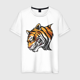 Мужская футболка хлопок с принтом Злобный Тигр в Петрозаводске, 100% хлопок | прямой крой, круглый вырез горловины, длина до линии бедер, слегка спущенное плечо. | 2022 | animal | cat | lion | tiger | год тигра | животные | зверь | зубы | кот | кошка | лев | охотник | полосатый | природа | тигр | тигренок | тигрица | хищник