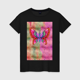 Женская футболка хлопок с принтом Яркая бабочка  восточный стиль в Новосибирске, 100% хлопок | прямой крой, круглый вырез горловины, длина до линии бедер, слегка спущенное плечо | Тематика изображения на принте: акварель | акварельный | бабочка | бабочки | восточный | геометрический | девочке | девушке | радуга | радужный | разноцветный | узор | узоры | яркий