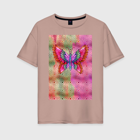 Женская футболка хлопок Oversize с принтом Яркая бабочка  восточный стиль в Новосибирске, 100% хлопок | свободный крой, круглый ворот, спущенный рукав, длина до линии бедер
 | акварель | акварельный | бабочка | бабочки | восточный | геометрический | девочке | девушке | радуга | радужный | разноцветный | узор | узоры | яркий