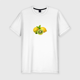 Мужская футболка хлопок Slim с принтом Фрукты в Тюмени, 92% хлопок, 8% лайкра | приталенный силуэт, круглый вырез ворота, длина до линии бедра, короткий рукав | киви | лайм | лаймы | лимон | лимоны | фрукт | фрукты | цитрус | цитрусы