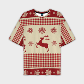 Мужская футболка OVERSIZE 3D с принтом Новогодние олени бегут в Екатеринбурге,  |  | арт | вязаный рисунок | вязь | новый год | олени | олень | рисунок | рога | рождество | снег | снежинка | снежинки