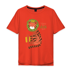 Мужская футболка хлопок Oversize с принтом Новогодний Тигр в Екатеринбурге, 100% хлопок | свободный крой, круглый ворот, “спинка” длиннее передней части | Тематика изображения на принте: 2022 | animal | cat | lion | tiger | год тигра | дед мороз | ёлка | животные | зверь | зубы | кот | кошка | лев | новый год | охотник | полосатый | природа | рождество | тигр | тигренок | тигрица | хищник