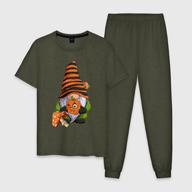 Мужская пижама хлопок с принтом Гном с тыквой в Кировске, 100% хлопок | брюки и футболка прямого кроя, без карманов, на брюках мягкая резинка на поясе и по низу штанин
 | Тематика изображения на принте: halloween | pumpkin | гном | мухоморы | праздник | тыква | хэллоуин