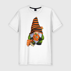 Мужская футболка хлопок Slim с принтом Гном с тыквой в Санкт-Петербурге, 92% хлопок, 8% лайкра | приталенный силуэт, круглый вырез ворота, длина до линии бедра, короткий рукав | halloween | pumpkin | гном | мухоморы | праздник | тыква | хэллоуин