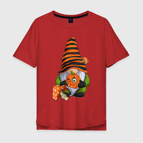 Мужская футболка хлопок Oversize с принтом Гном с тыквой в Кировске, 100% хлопок | свободный крой, круглый ворот, “спинка” длиннее передней части | Тематика изображения на принте: halloween | pumpkin | гном | мухоморы | праздник | тыква | хэллоуин