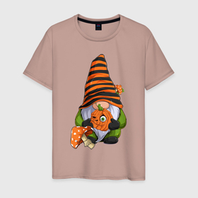 Мужская футболка хлопок с принтом Гном с тыквой в Петрозаводске, 100% хлопок | прямой крой, круглый вырез горловины, длина до линии бедер, слегка спущенное плечо. | Тематика изображения на принте: halloween | pumpkin | гном | мухоморы | праздник | тыква | хэллоуин