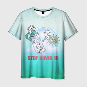 Мужская футболка 3D с принтом Stop covid в Петрозаводске, 100% полиэфир | прямой крой, круглый вырез горловины, длина до линии бедер | арт | вирус | графика | ковид | корона | коронавирус | стоп ковид