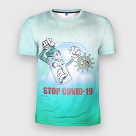Мужская футболка 3D Slim с принтом Stop covid в Петрозаводске, 100% полиэстер с улучшенными характеристиками | приталенный силуэт, круглая горловина, широкие плечи, сужается к линии бедра | арт | вирус | графика | ковид | корона | коронавирус | стоп ковид