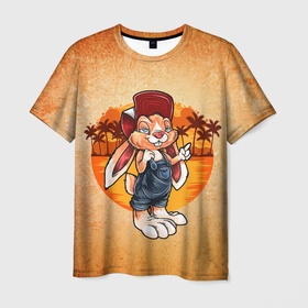 Мужская футболка 3D с принтом ЗаяС , 100% полиэфир | прямой крой, круглый вырез горловины, длина до линии бедер | арт | графика | животные | заяц | звери | кепка | кролик | пальмы