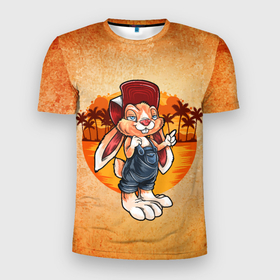 Мужская футболка 3D Slim с принтом ЗаяС в Петрозаводске, 100% полиэстер с улучшенными характеристиками | приталенный силуэт, круглая горловина, широкие плечи, сужается к линии бедра | арт | графика | животные | заяц | звери | кепка | кролик | пальмы