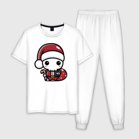 Мужская пижама хлопок с принтом Маленький Санта Клаус в Белгороде, 100% хлопок | брюки и футболка прямого кроя, без карманов, на брюках мягкая резинка на поясе и по низу штанин
 | eyes | gifts | heart | holiday | santa klaus | skeleton | skull | star | глаза | дед мороз | звезда | подарки | праздник | сердце | скелет | череп