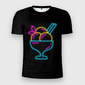 Мужская футболка 3D Slim с принтом Неоновый коктейль в Петрозаводске, 100% полиэстер с улучшенными характеристиками | приталенный силуэт, круглая горловина, широкие плечи, сужается к линии бедра | cocktail | milkshake | коктейль | коктель | напиток | неон