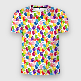 Мужская футболка 3D Slim с принтом Воздушные Шары в Новосибирске, 100% полиэстер с улучшенными характеристиками | приталенный силуэт, круглая горловина, широкие плечи, сужается к линии бедра | birthday | happy birthday | holiday | день рождения | именины | подарки | праздник | торт | шарики | юбилей