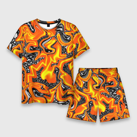 Мужской костюм с шортами 3D с принтом Огненные разводы лавы в Кировске,  |  | абстракция | желтый | огонь | оранжевый | пламя | пятна | разводы | чёрный | языки пламени
