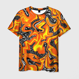 Мужская футболка 3D с принтом Огненные разводы лавы в Белгороде, 100% полиэфир | прямой крой, круглый вырез горловины, длина до линии бедер | абстракция | желтый | огонь | оранжевый | пламя | пятна | разводы | чёрный | языки пламени