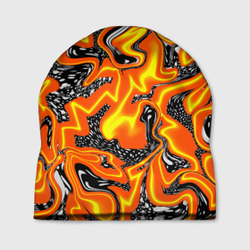 Шапка 3D с принтом Огненные разводы лавы в Тюмени, 100% полиэстер | универсальный размер, печать по всей поверхности изделия | абстракция | желтый | огонь | оранжевый | пламя | пятна | разводы | чёрный | языки пламени