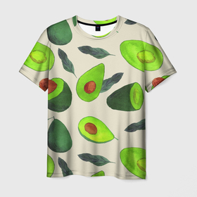 Мужская футболка 3D с принтом Авокадо   фруктовый паттерн в Санкт-Петербурге, 100% полиэфир | прямой крой, круглый вырез горловины, длина до линии бедер | авокадо | дерево | здоровье | зелёный | костояка | лист | паттерн | полезный | половина | урожай | фрукт | целый | экзотический