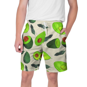 Мужские шорты 3D с принтом Авокадо   фруктовый паттерн в Новосибирске,  полиэстер 100% | прямой крой, два кармана без застежек по бокам. Мягкая трикотажная резинка на поясе, внутри которой широкие завязки. Длина чуть выше колен | авокадо | дерево | здоровье | зелёный | костояка | лист | паттерн | полезный | половина | урожай | фрукт | целый | экзотический