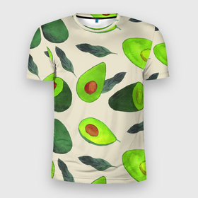Мужская футболка 3D Slim с принтом Авокадо   фруктовый паттерн в Тюмени, 100% полиэстер с улучшенными характеристиками | приталенный силуэт, круглая горловина, широкие плечи, сужается к линии бедра | авокадо | дерево | здоровье | зелёный | костояка | лист | паттерн | полезный | половина | урожай | фрукт | целый | экзотический