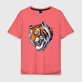 Мужская футболка хлопок Oversize с принтом Jungle Tiger в Екатеринбурге, 100% хлопок | свободный крой, круглый ворот, “спинка” длиннее передней части | Тематика изображения на принте: 2022 | animal | cat | lion | tiger | год тигра | животные | зверь | зубы | кот | кошка | лев | охотник | полосатый | природа | тигр | тигренок | тигрица | хищник