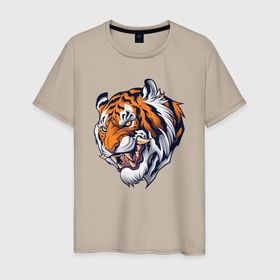 Мужская футболка хлопок с принтом Jungle Tiger в Тюмени, 100% хлопок | прямой крой, круглый вырез горловины, длина до линии бедер, слегка спущенное плечо. | 2022 | animal | cat | lion | tiger | год тигра | животные | зверь | зубы | кот | кошка | лев | охотник | полосатый | природа | тигр | тигренок | тигрица | хищник