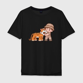 Мужская футболка хлопок Oversize с принтом Tiger Friend в Екатеринбурге, 100% хлопок | свободный крой, круглый ворот, “спинка” длиннее передней части | 2022 | animal | cat | lion | tiger | год тигра | животные | зверь | зубы | кот | кошка | лев | охотник | полосатый | природа | тигр | тигренок | тигрица | хищник