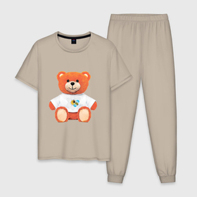 Мужская пижама хлопок с принтом Медвежонок в маечке в Тюмени, 100% хлопок | брюки и футболка прямого кроя, без карманов, на брюках мягкая резинка на поясе и по низу штанин
 | забавный | медведь | медвежонок | милый | плюшевый | рыжий