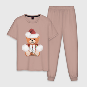 Мужская пижама хлопок с принтом Новогодний медвежонок в Курске, 100% хлопок | брюки и футболка прямого кроя, без карманов, на брюках мягкая резинка на поясе и по низу штанин
 | медведь | медвежонок | милый | новый год | плюшевый | праздничный | пушистый | рождество | рыжий