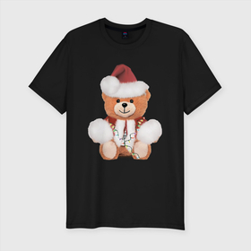 Мужская футболка хлопок Slim с принтом Новогодний медвежонок , 92% хлопок, 8% лайкра | приталенный силуэт, круглый вырез ворота, длина до линии бедра, короткий рукав | медведь | медвежонок | милый | новый год | плюшевый | праздничный | пушистый | рождество | рыжий