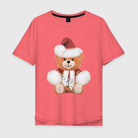 Мужская футболка хлопок Oversize с принтом Новогодний медвежонок в Санкт-Петербурге, 100% хлопок | свободный крой, круглый ворот, “спинка” длиннее передней части | медведь | медвежонок | милый | новый год | плюшевый | праздничный | пушистый | рождество | рыжий