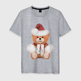 Мужская футболка хлопок с принтом Новогодний медвежонок в Белгороде, 100% хлопок | прямой крой, круглый вырез горловины, длина до линии бедер, слегка спущенное плечо. | медведь | медвежонок | милый | новый год | плюшевый | праздничный | пушистый | рождество | рыжий